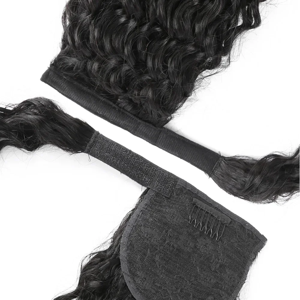 Water Wave Ponytail Human Hair Wrap Around Ponytail Extensions Remy Hair Curly Ponytails Clip in Hair Extensions, Straight/Body