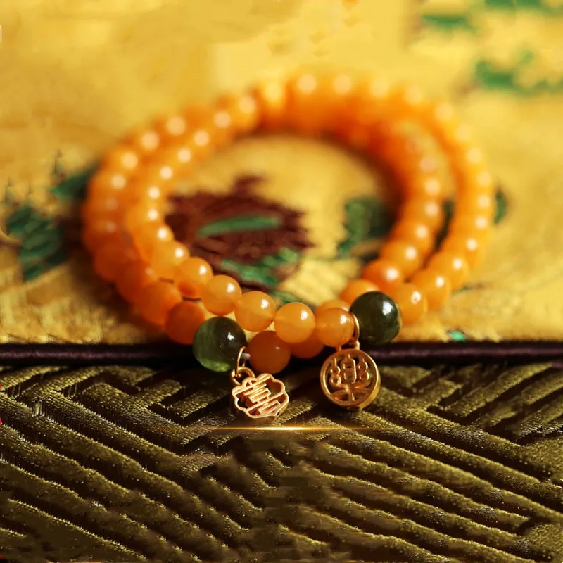 

14k Gold Bracelet Round 6mm Chicken Fat Yellow Amber Single Circle Tourmaline Fortune Beads Women