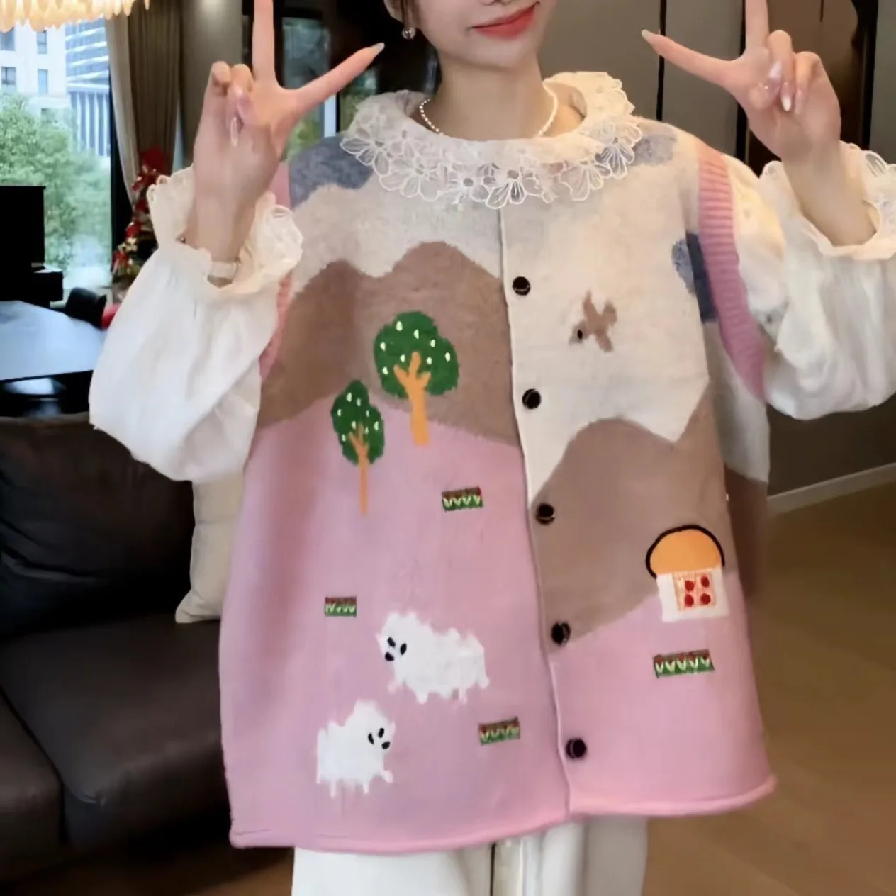 

Korean Version Cartoon Jacquard Knitted Vest Cardigan Women's Autumn and Winter New Loose Lazy Style Sweater Vest