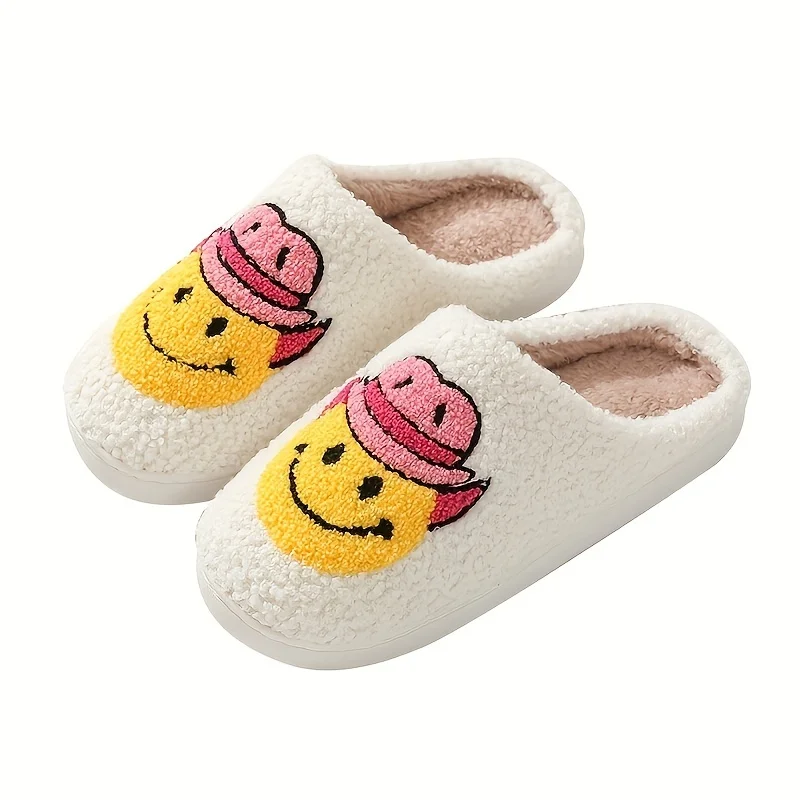 Women's Kawaii Hat Smile Face Pattern Slippers Cute Slip On Plush Lined Slippers Comfortable Indoor Shoes