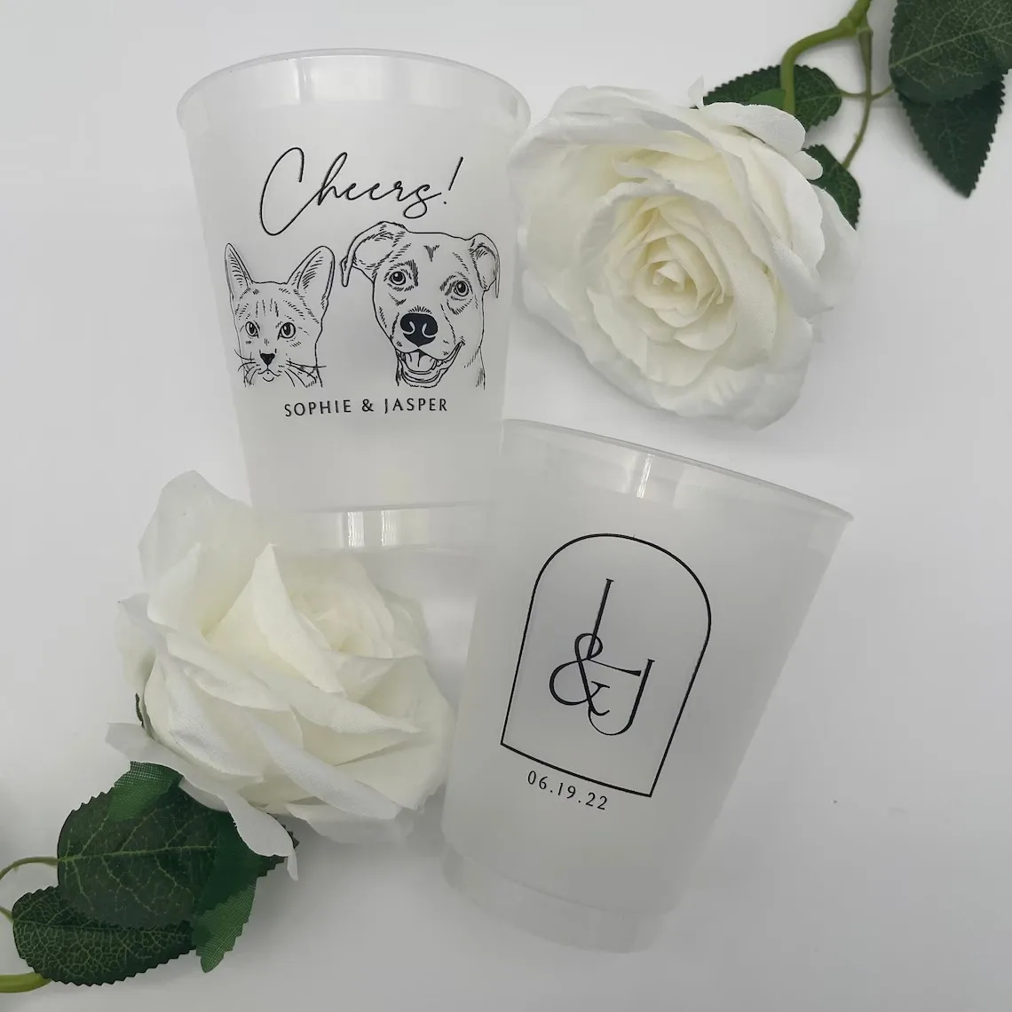 Custom Pet Portrait Wedding Frosted Cups, Custom Pet Illustration, Personalized Wedding Favors, Beverage Holder, Custom Cocktail