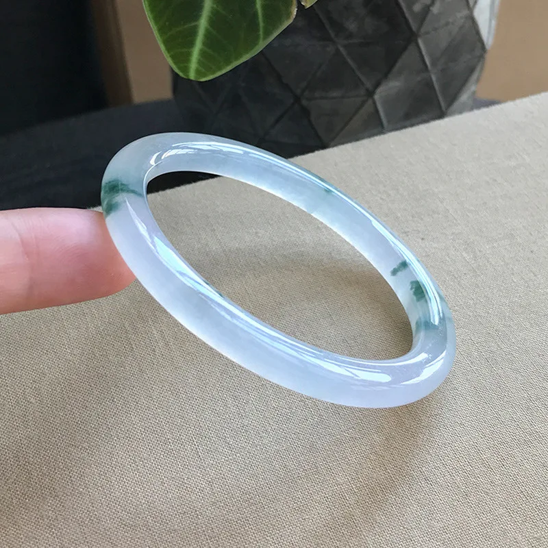 Old Mine Jadeite Bracelet, Round , Icy Texture, Pattern, Green Flower, Glue-like Finish, Shiny, Thin Bar, Small Ring,