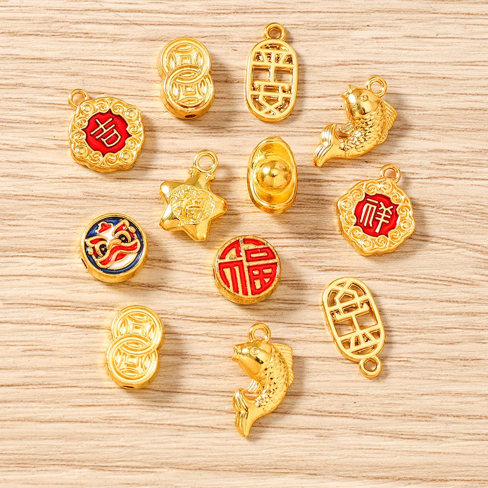 Tusember 10Pcs Gold Color Chinese Theme Lucky Gold Coins Charms for DIY Jewelry Making Pendants Bracelets Necklaces Earrings