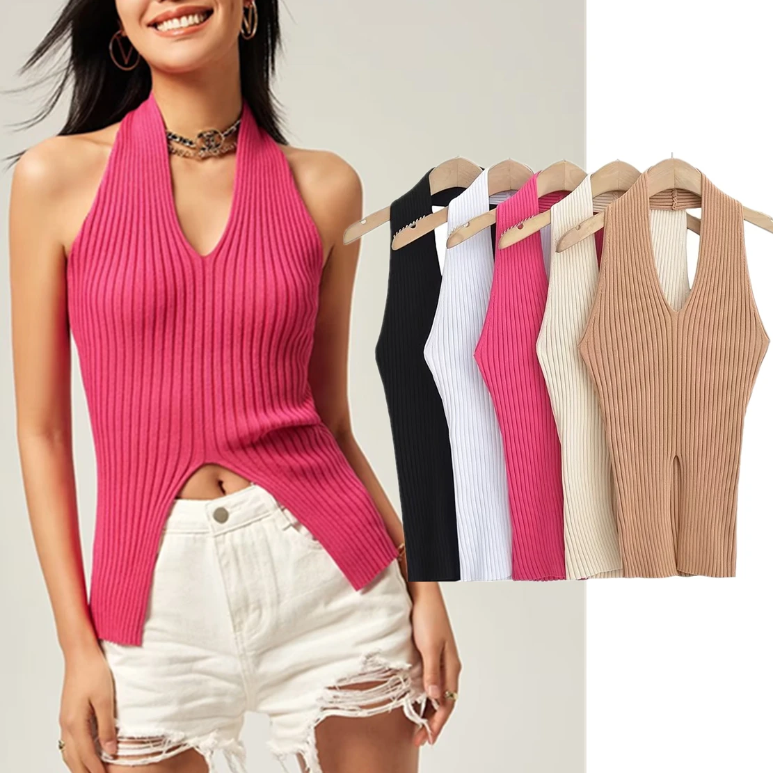 

Withered 2024 Summer Tank Tops Ins Fashion Blogger High Street Sexy Halter Neck Slit Knit Top Vest T-Shirt Women