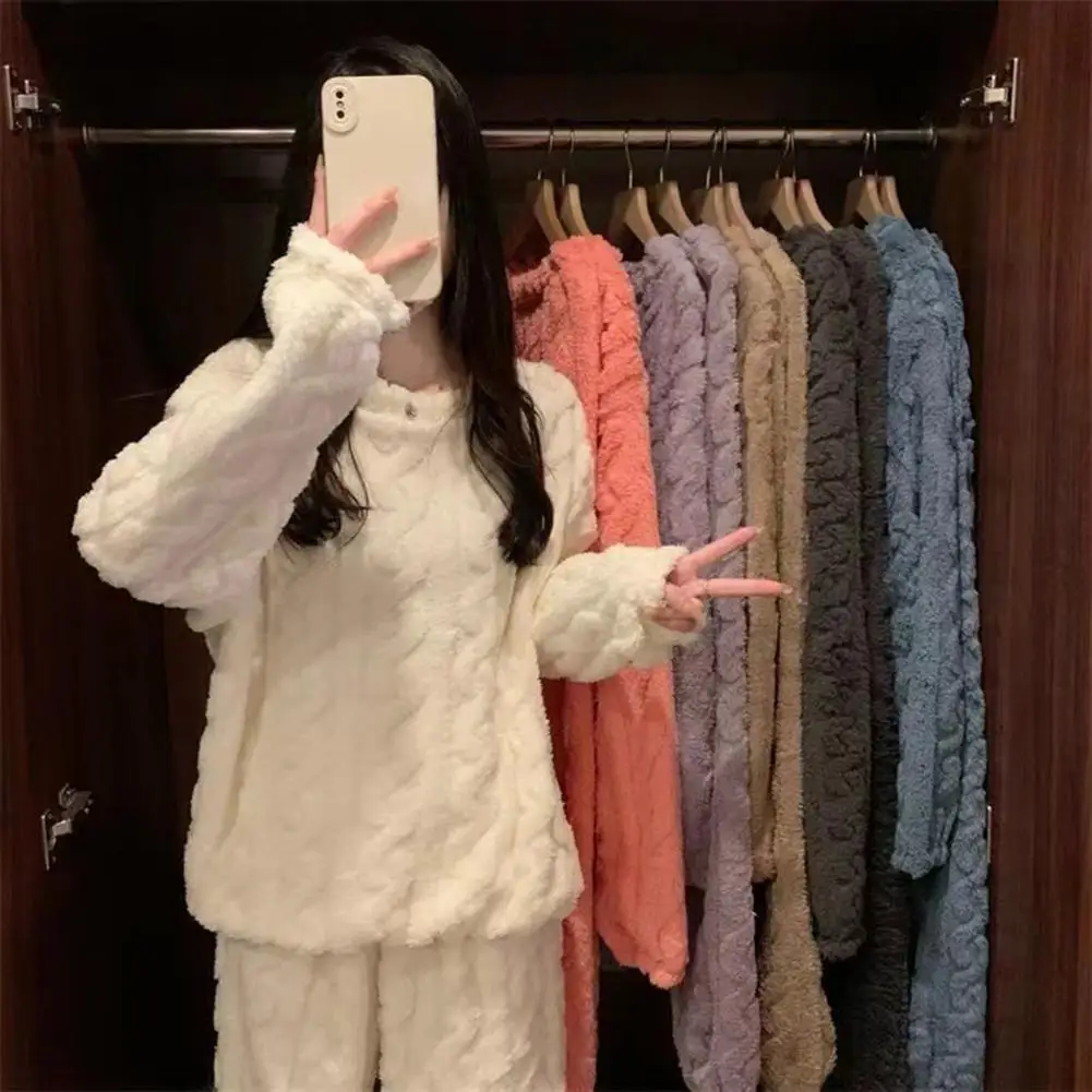 

Women's Flannel Sleepwear Autumn Winter Home Clothes Coral Fce Warmth Set Large Size Long Sleveve Round Pajamas
