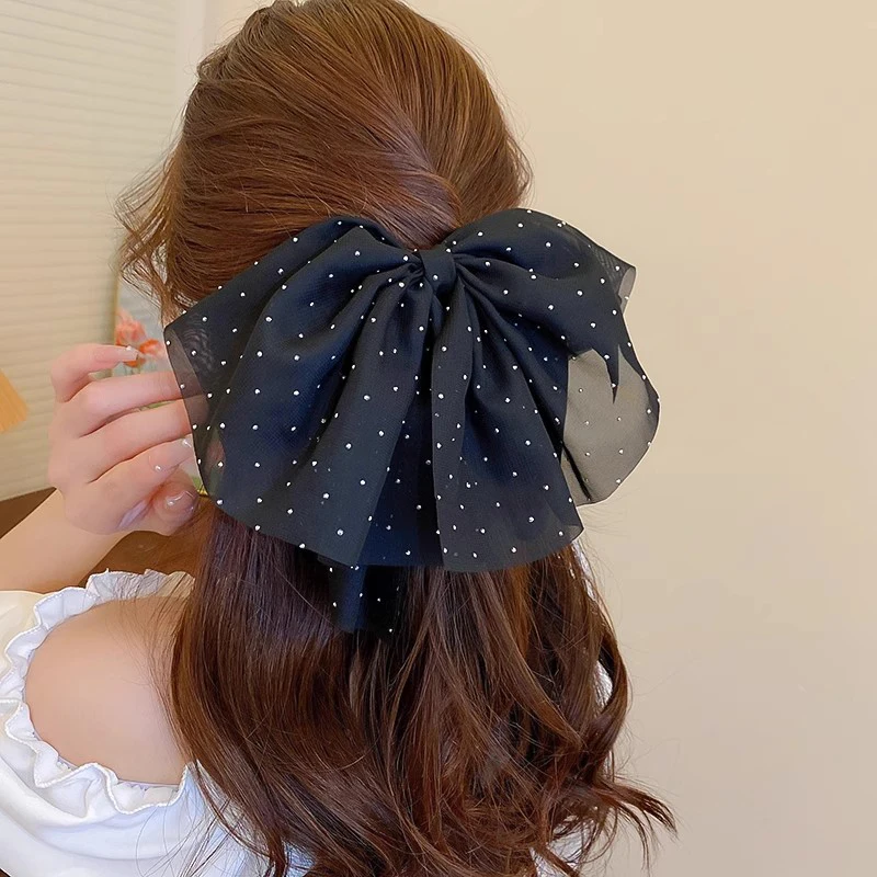 Black Mesh Bowknot Hair Clip French Style Barrette Bowknot With Long Tail Large Hair Bow Hair Accessories For Women Girls