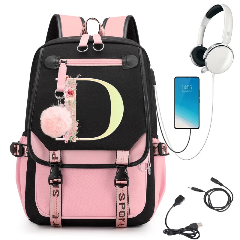 Pink Backpack Graphic Gold Printed Letter Flower A-Z Alphabet Shoulders Bag Teenage Fashion Girl Backpack High School Backpacks