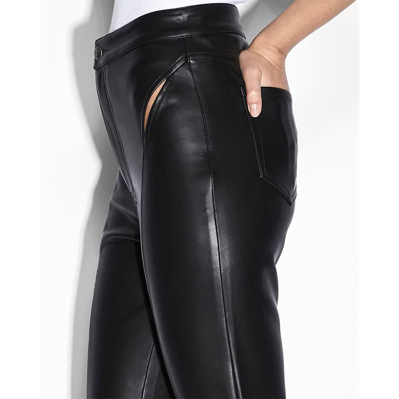 Women's Mid Waist Faux Leather Trousers Matte PU Side Hollowed Out Splicing Foot Zipper Casual  Pencil Pants Sexy Winter New