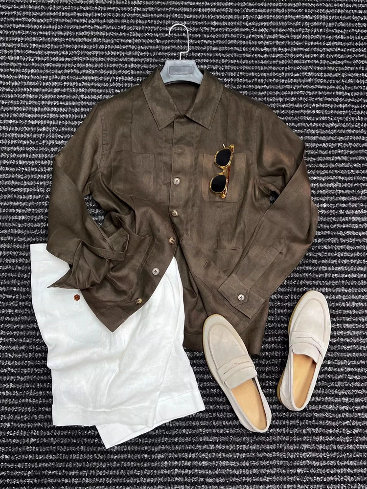 

New 2025 Autumn Winter Men's Linen irt Luxury Simple Old Money Sle Trending Outerwear Casual Long Sve Pure Color
