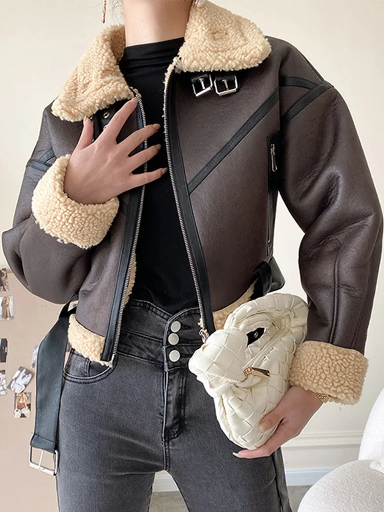 FMFSSOM New Winter Faux Lamb Fur Leather Jacket with Belt Casual Motorcycle Outwear Women High Street Lapel Zipper Short Coat