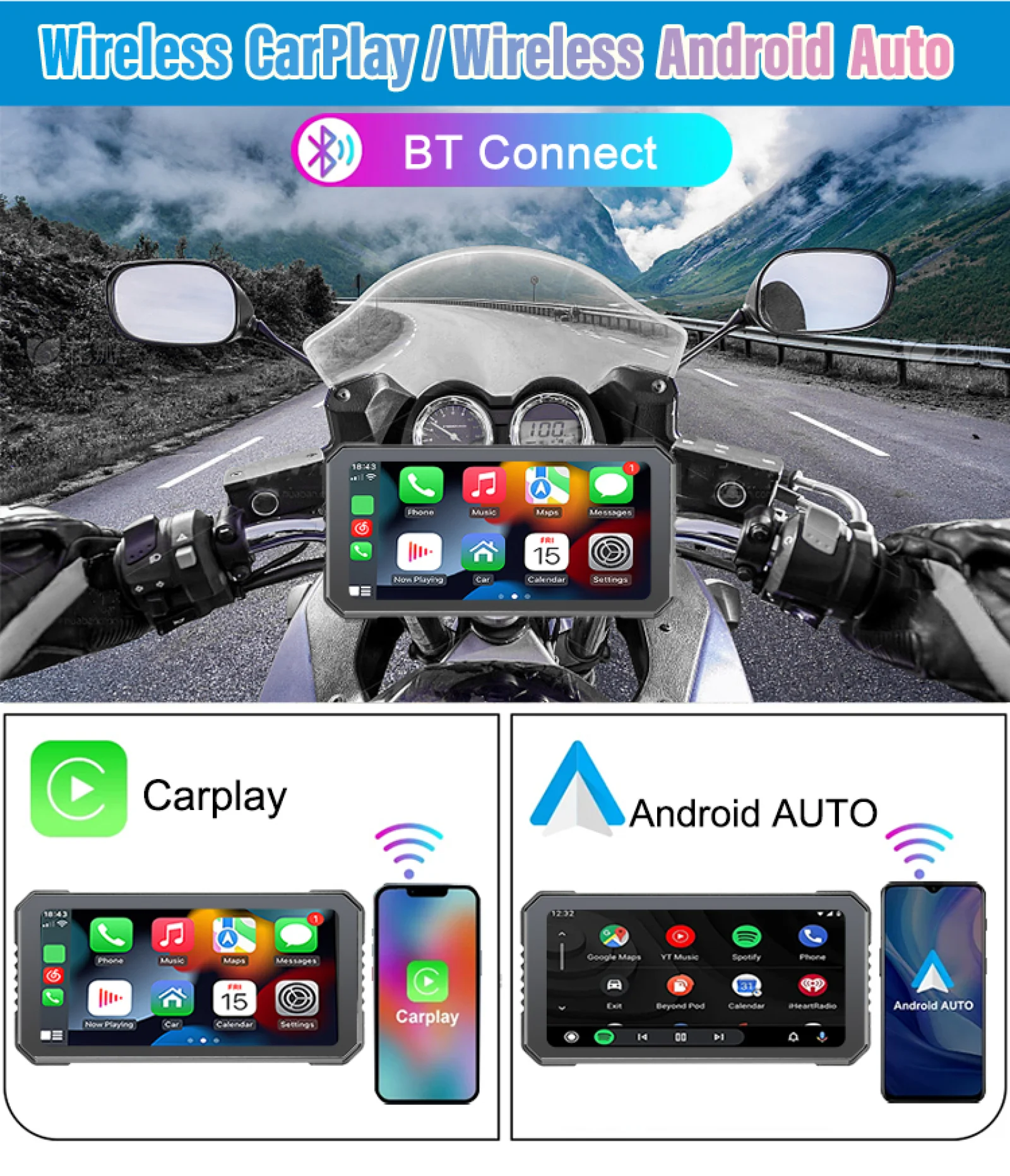 6.25 Inch Motorcycle CarPlay 1000nit External Portable Motorcycle Screen IP65 Waterproof Support CarPlay Android Auto