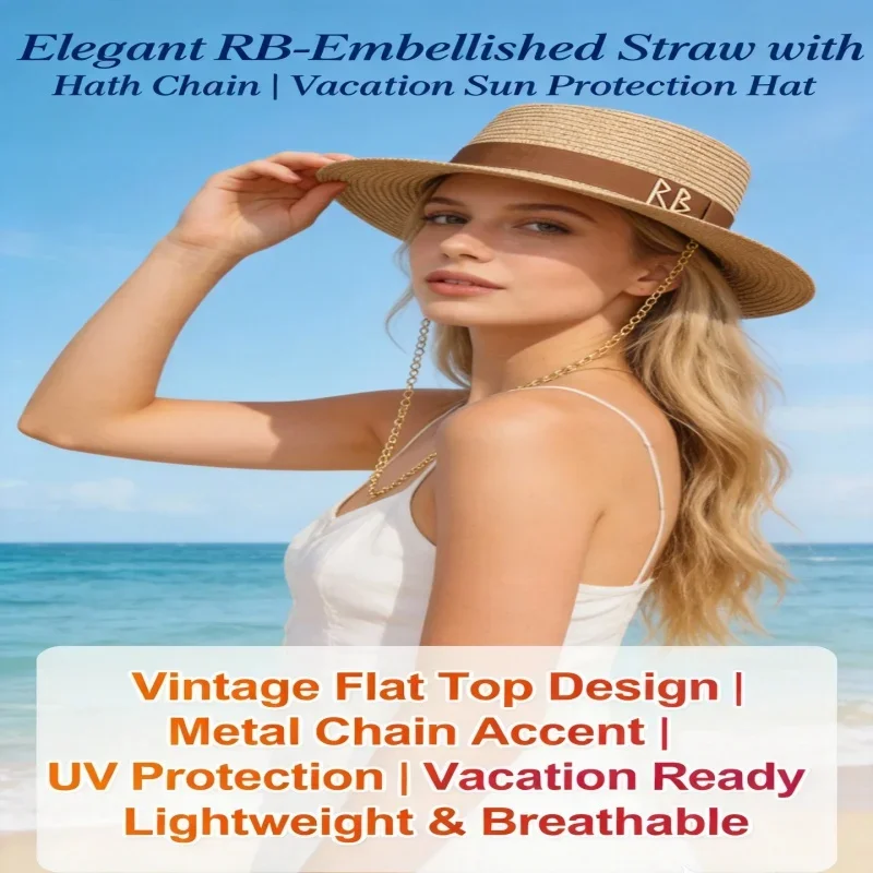 French Style Flat Top Straw Hat Women Summer UV Protection Sun Hat with Detachable Chain Ribbon Beach Vacation Travel Cap