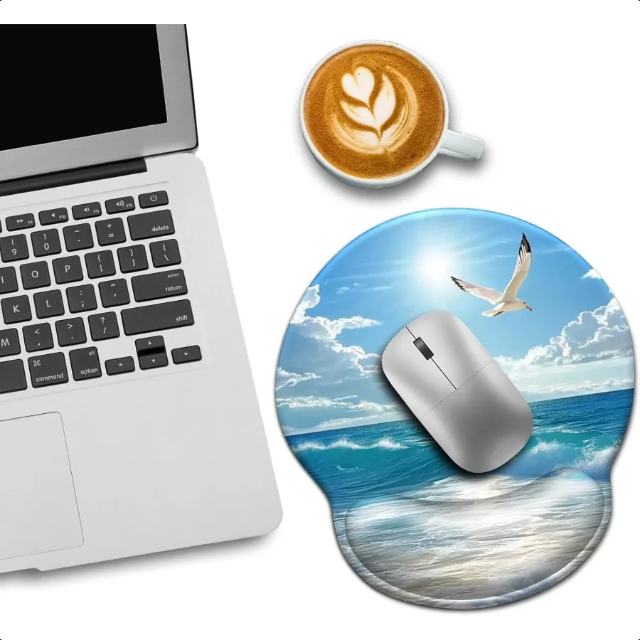 Alas Mouse Gelombang Laut Pantai dengan Sandaran Pergelangan Tangan Ergonomis, Port Pergelangan Tangan dengan Alas PU Anti Selip Pereda Nyeri, Alas Mouse Komputer Lucu