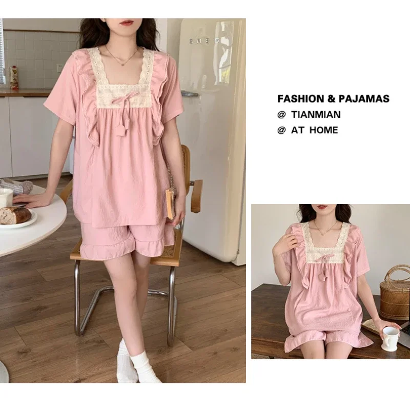 2XL Large Size Princess Style Summer Pajamas Women Cloud Cotton Short-sleeved Shorts 2 Piece Set Loose Home Clothes Loungewear