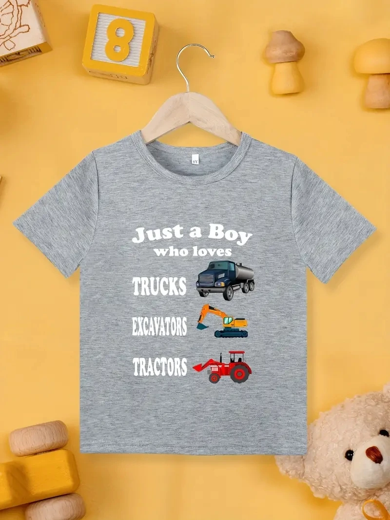 Just A Boy Who Love TRUCKS EXCAVATORS TRACTORS T-Shirt Summer New Children's Cartoon Print Top Short Sleeve Kids Clothes