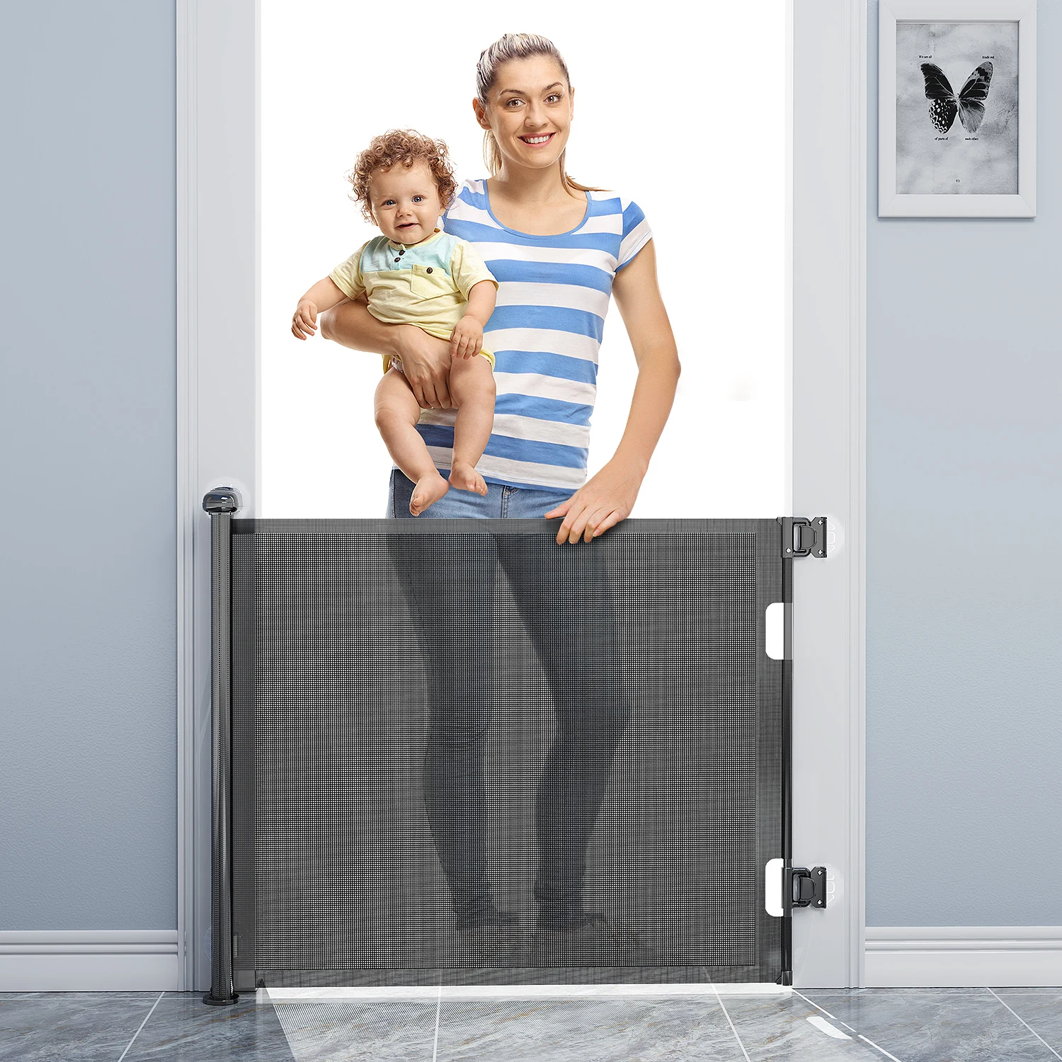 

new retractable mesh dog gate and acrylic baby safety gate pet gate Extra Wide55 X 33 Tall for doorways stairway hallways