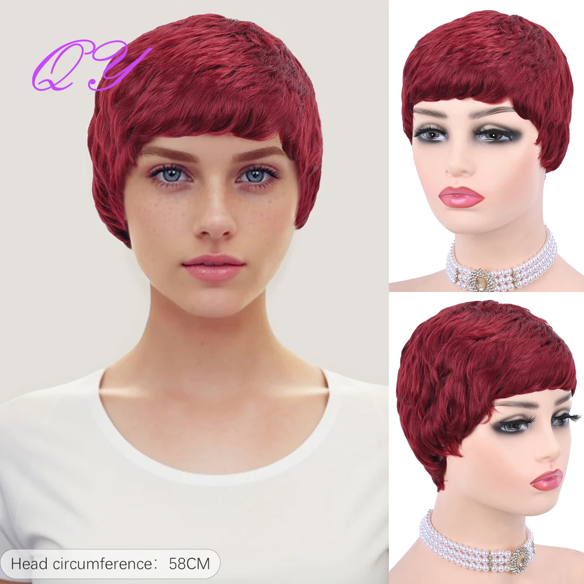 Qy Women's Short Claret Fashion Wig High Quality Fiber Wigs Unique Style  Are Ideal For Everyday Or Party Use