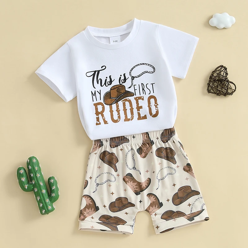 Baby Toddler Boy Western Outfit Letter Short Sleeve T-shirt Boot Shorts 2 Piece Summer Set