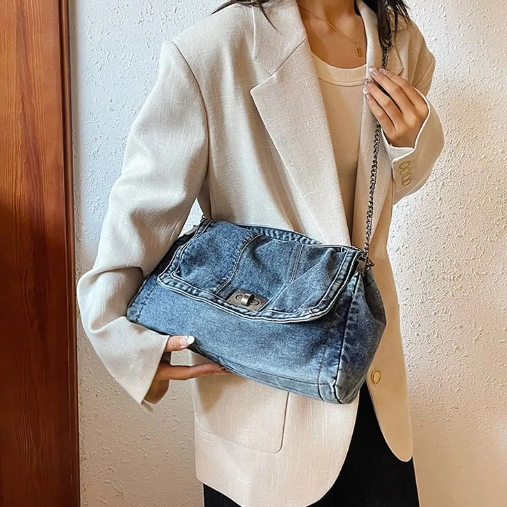 

Shoulder Bag Denim Canvas Bag Street Style Large Capacity Vintage Handbag Metal Chain Solid Color Solid Crossbody Bag Outdoor