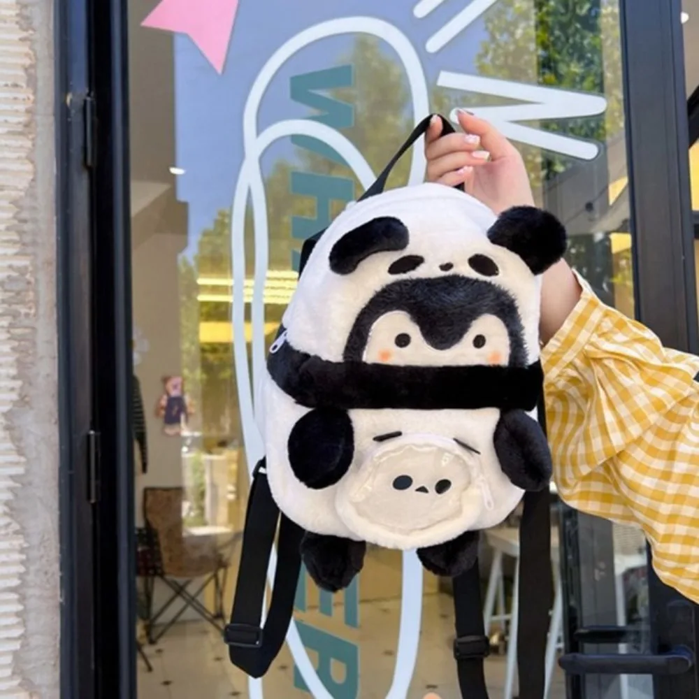 Mochila suave de dibujos animados de Panda y pingüino, mochila de felpa blanca y negra, gran capacidad, estilo de moda