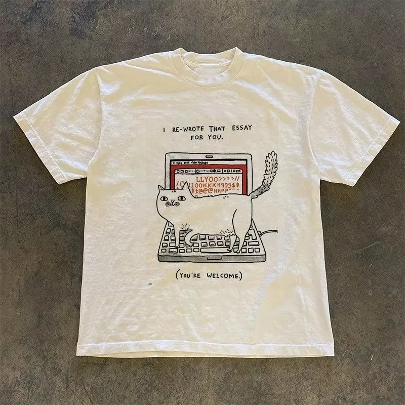 2026 Funny Cat Laptop Hand-drawn Print Short Sleeve Tee Loose Fit Casual Humor Pet Top Wear For Student Daily Outfits