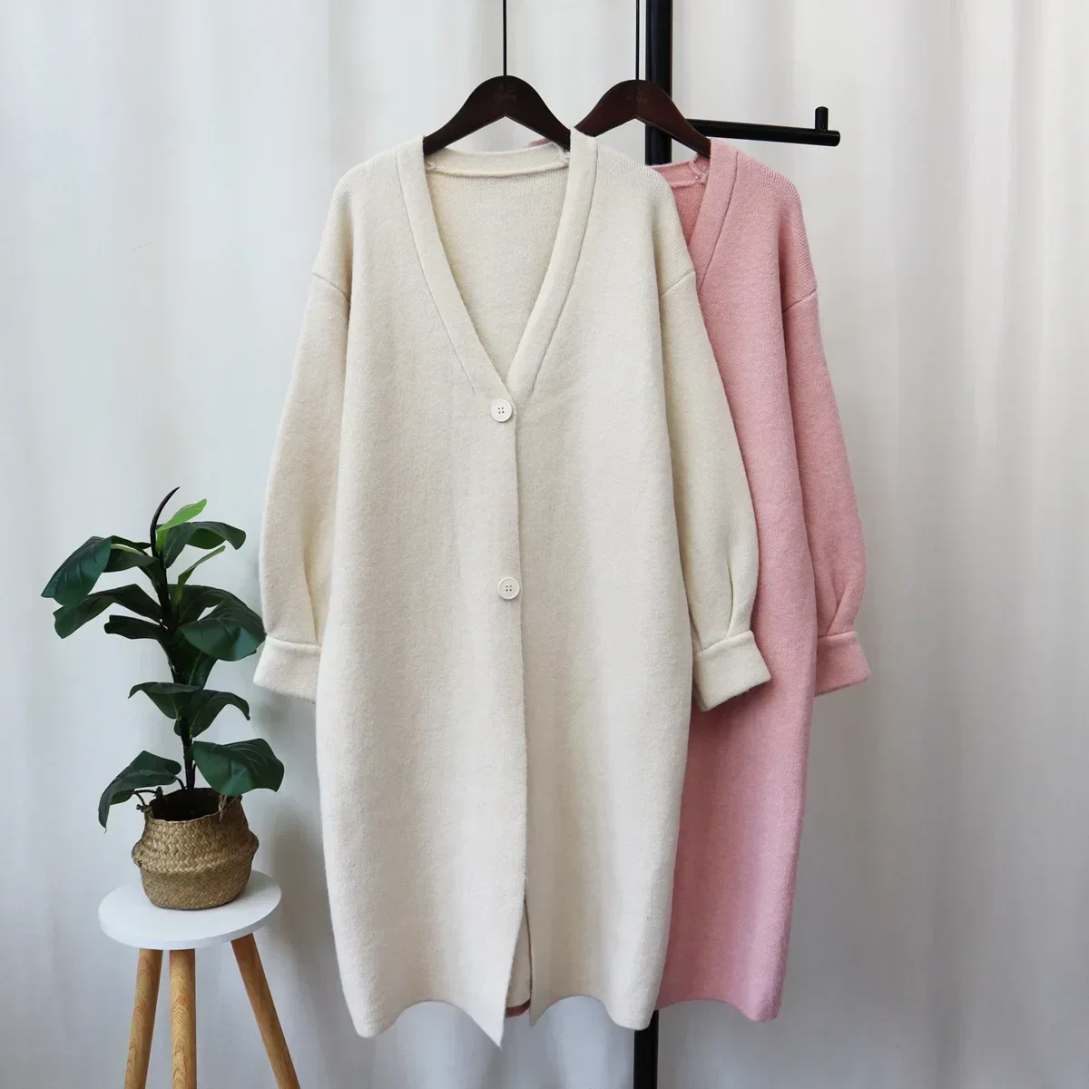 Women Long Cardigan Pink Coat Kintted Pocket Long Jacket Autumn Winter Velvet Loose Sleeve Sweater Jumper Causal Cardigans