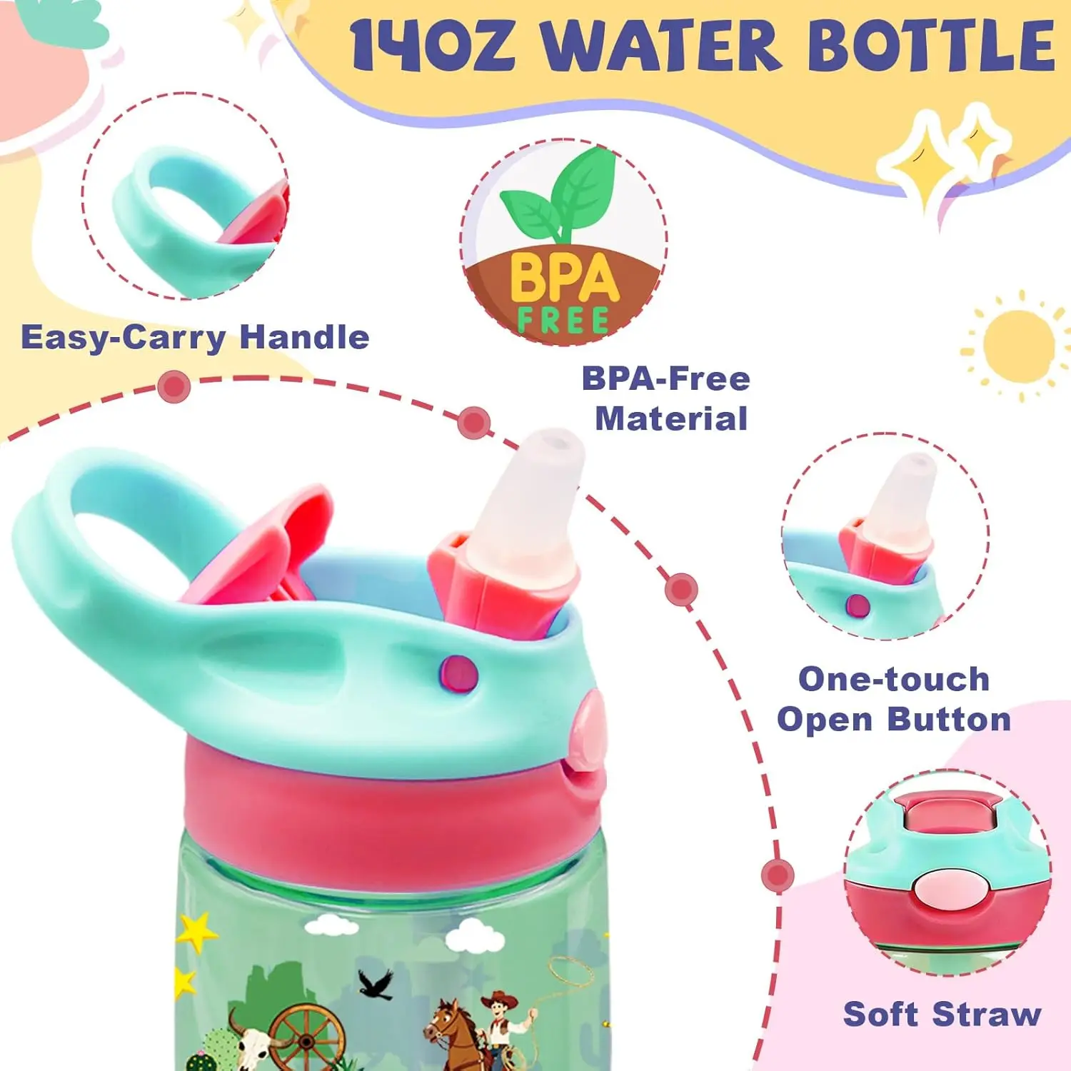 550ml Kids Cartoon Animal Water Bottle with Safety Lock Design, Portable Leak-proof Straw Cup for Outdoor School Daily Drinking