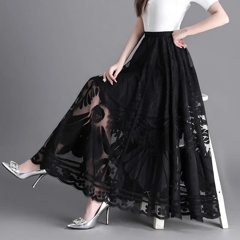 

2024 New Fashion Long Black Skirt for Women A Line Lace Skirt Women Long Maxi Skirts for Women Summer Faldas Mujer P898