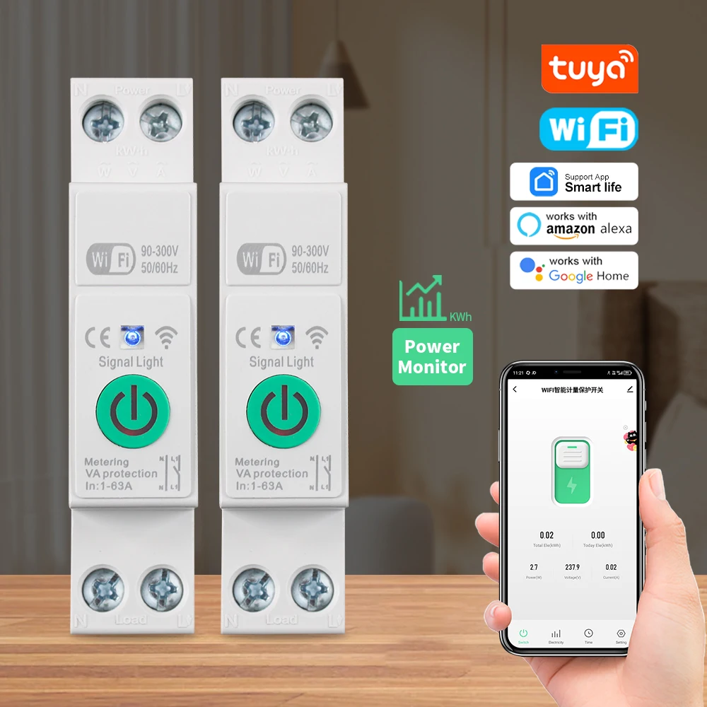 Tuya Wifi قطاع دارة ذكي قياس الطاقة كيلووات ساعة الموقت 1P + N 1-63A DIN السكك الحديدية تصاعد مصغرة الهواء التبديل لجوجل المنزل اليكسا