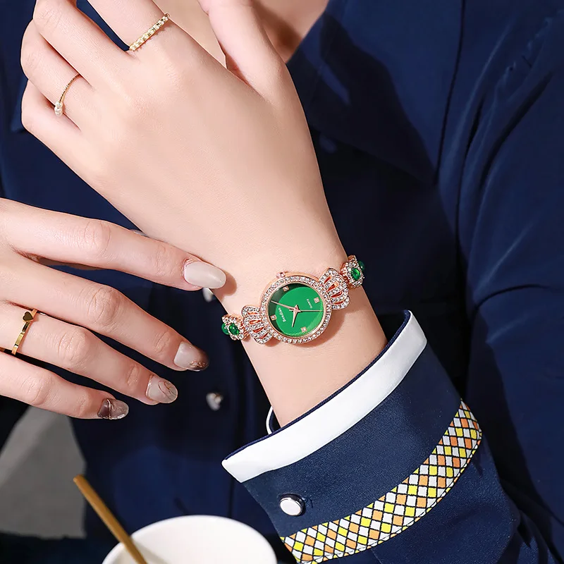 Fashion Luxury Emerald Green Bracelet Rose Gold Women Crown Bracelet Diamond Quartz Watch Dial Watch Girls Gift For Women