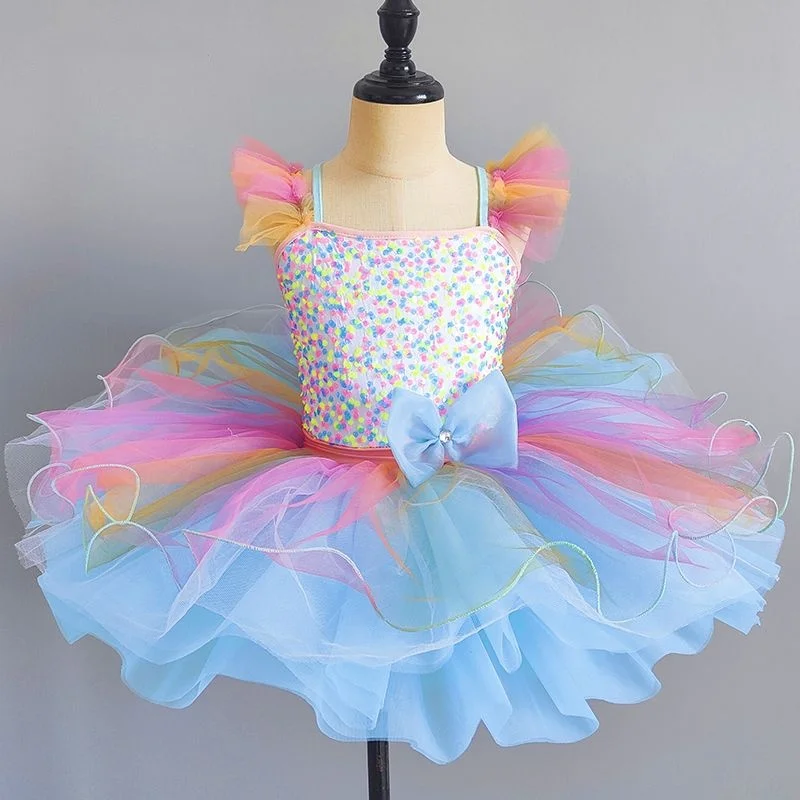 Traje de fiesta de princesa para niños, vestido de flores con lentejuelas, Ropa de baile para niñas, leotardo de Ballet gimnástico, vestido con tutú de panqueque