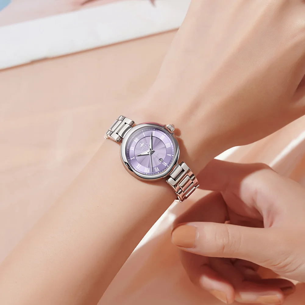 OLEVS Original Brand Luxury Quartz Watches for Women Waterproof Vintage Fashion Stainless Steel Silver Purple Ladies Watch 5608