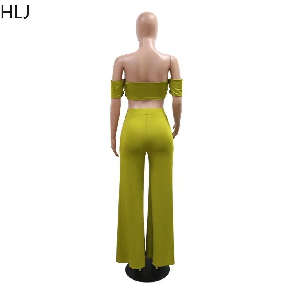 HLJ Fashion Slit Loose Wide Leg Pants 2 Piece Sets Outfit Women Off Shoulder Short Sleeve Crop Top And Pants Party Clubwear Suit