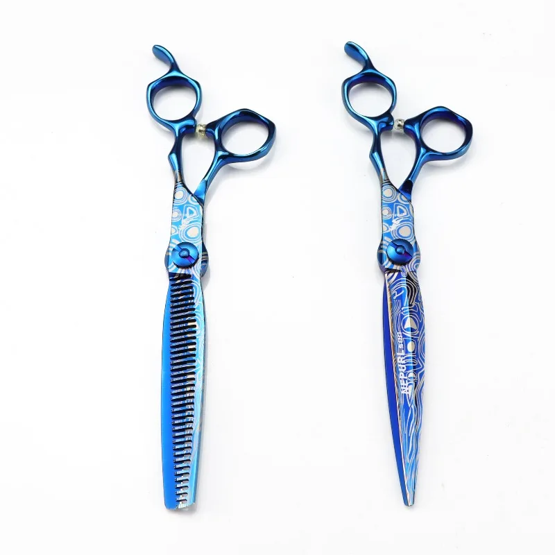 Professional 7'' Blue Damascus Hair Cutting Scissors Gem Screw Haircut Thinning Barber Tools Steel Shears Hairdressing Scissors