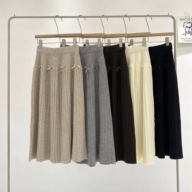 

Women's Autumn Winter Sweet Bow Pleated Knitted Skirt Lady Streetwear High Waist Solid Color A Line Long Skirt