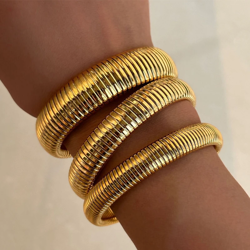 Vintage Gold Color Bangles for Women Chunky Stretch Thick Metal Wide Wristband Bracelets Set Fashion Unisex Jewelry Gifts 2024