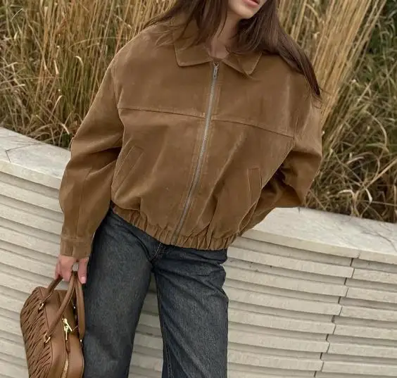 

Women's Jacket Autumn/winter 2025 Chic Vintage British Style Leather Jacket with A High-End Feel New Zipper Loose Suede Jacket