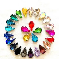 Mix Color 30pcs Crystal Glass Tear Drop Sew on Fancy Stone Silver Setting for Garment Jewelry Craft Dress