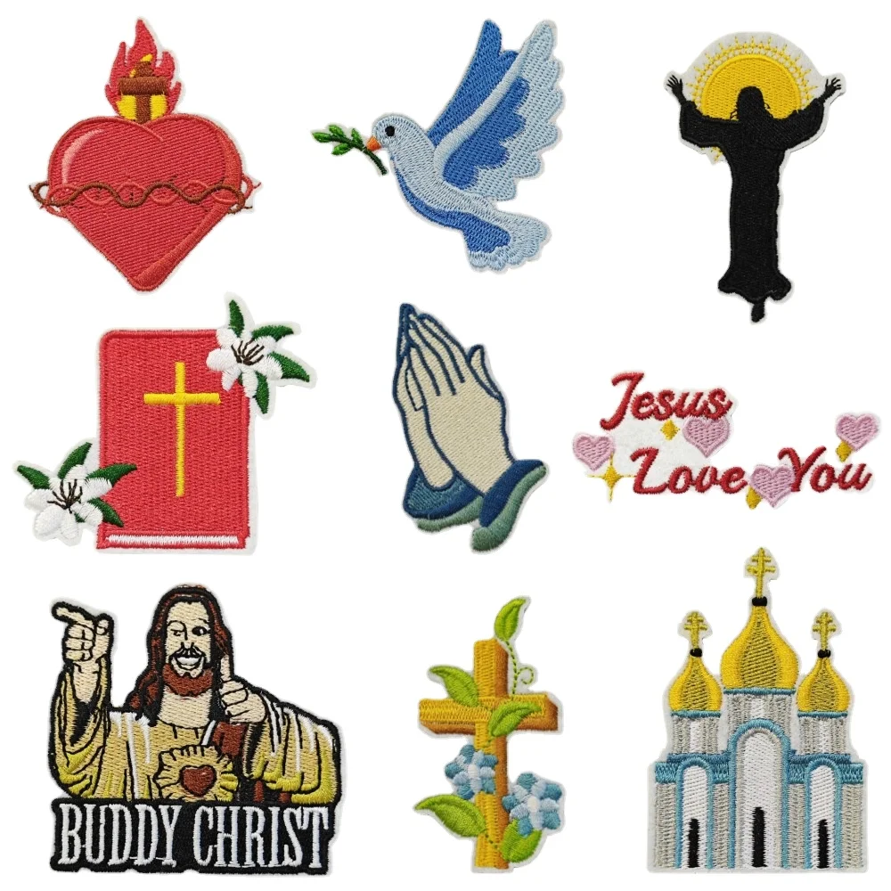 Buddy Christ Embroidered Badge Pray Gesture Love Appliques Cross Bible Church Jesus Patch Iron on Peace Dove Emblem Stickers