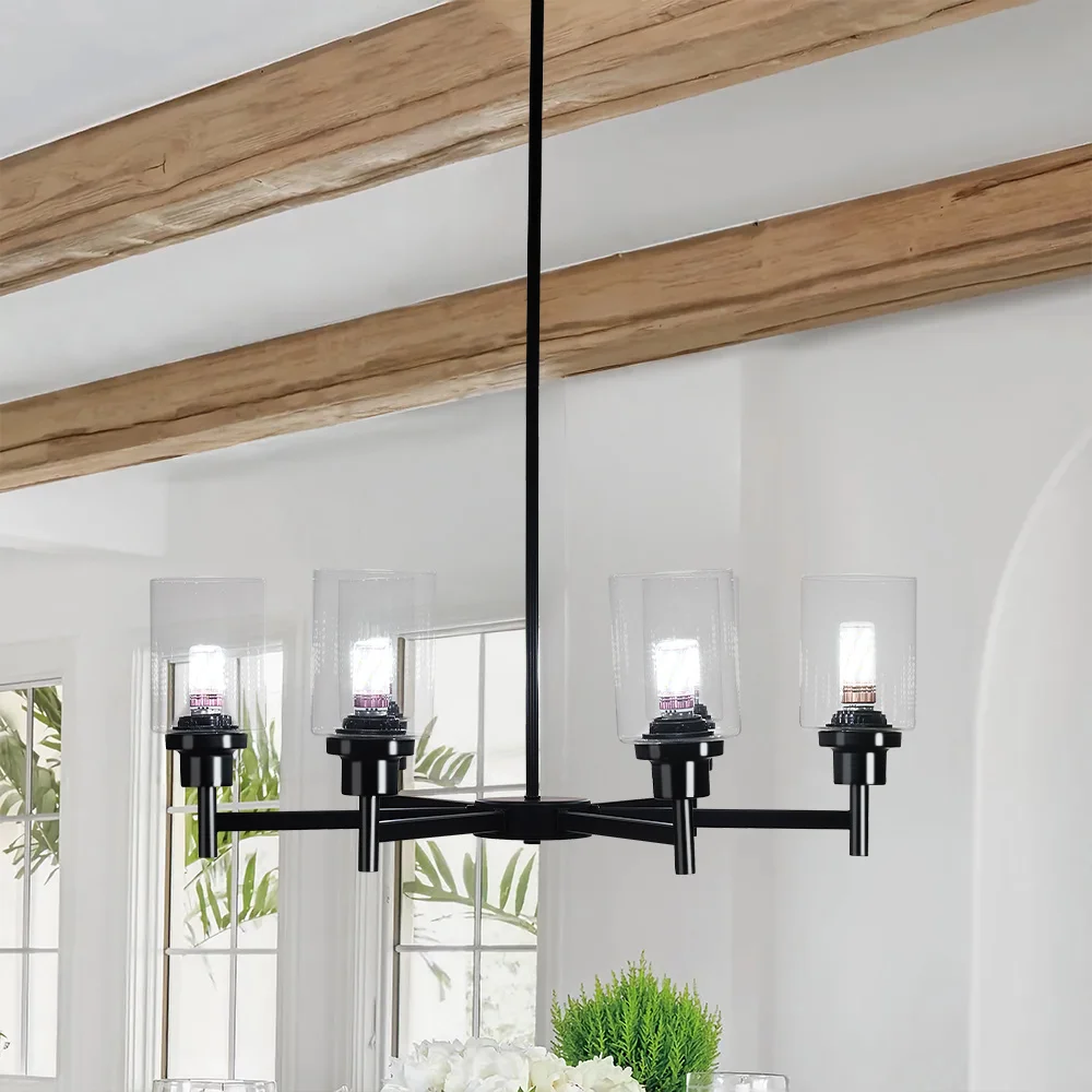 Black 6 Light Pendant Light with Glass Lampshade