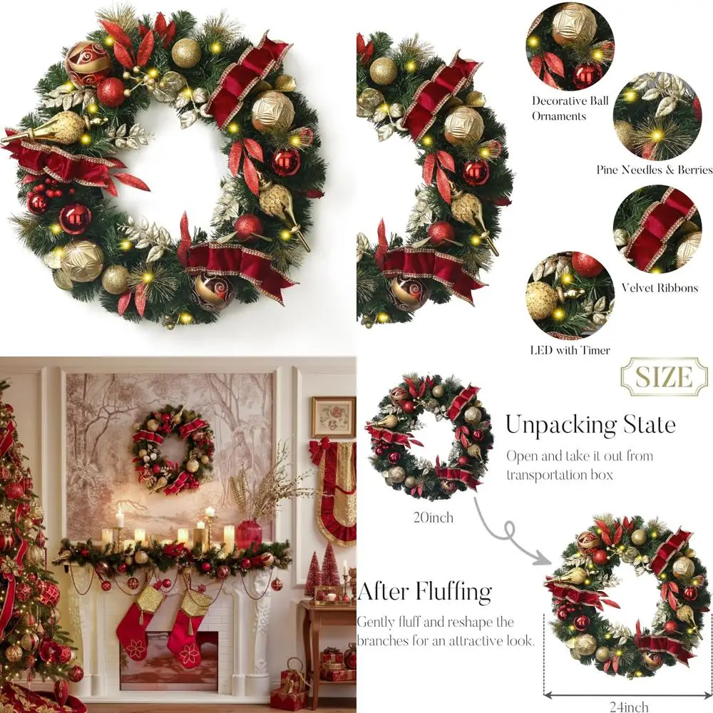 

Pre-Lit 24 Inch Christmas Wreath for Front Door, Large Outdoor Holiday Wreath with Red and Gold Lights