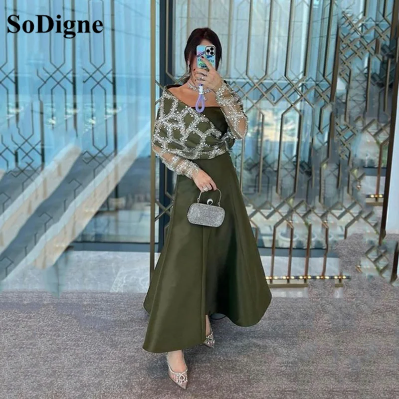 

SoDigne Evening Dresses With Cape Saudi Arabia Sequins Beads A Line Satin Pleat Tea Length Dubai Formal Occasion Dress