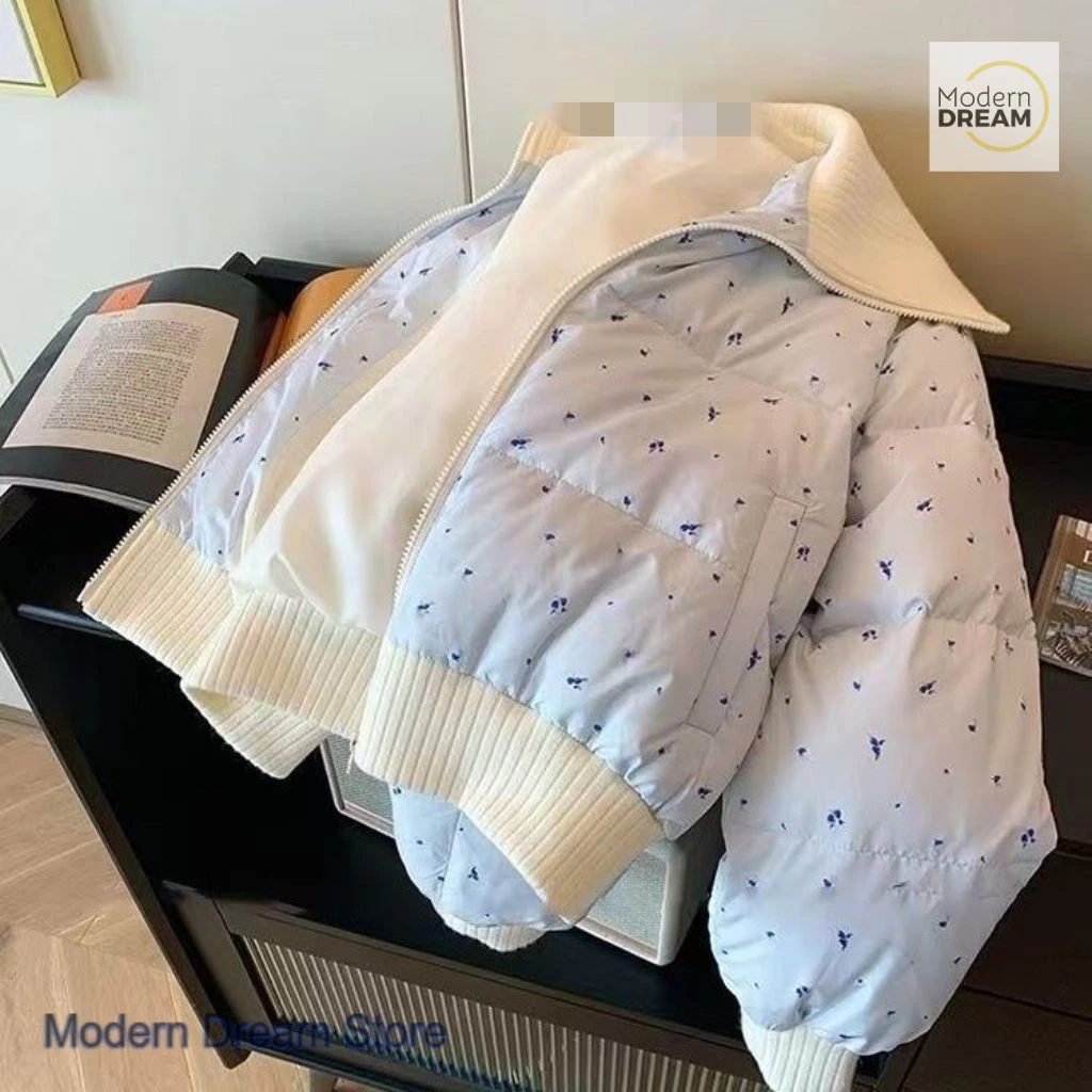 French style sweet floral lapel cotton-padded jacket coat women's autumn and winter design stitching zipper cotton-padded jacket