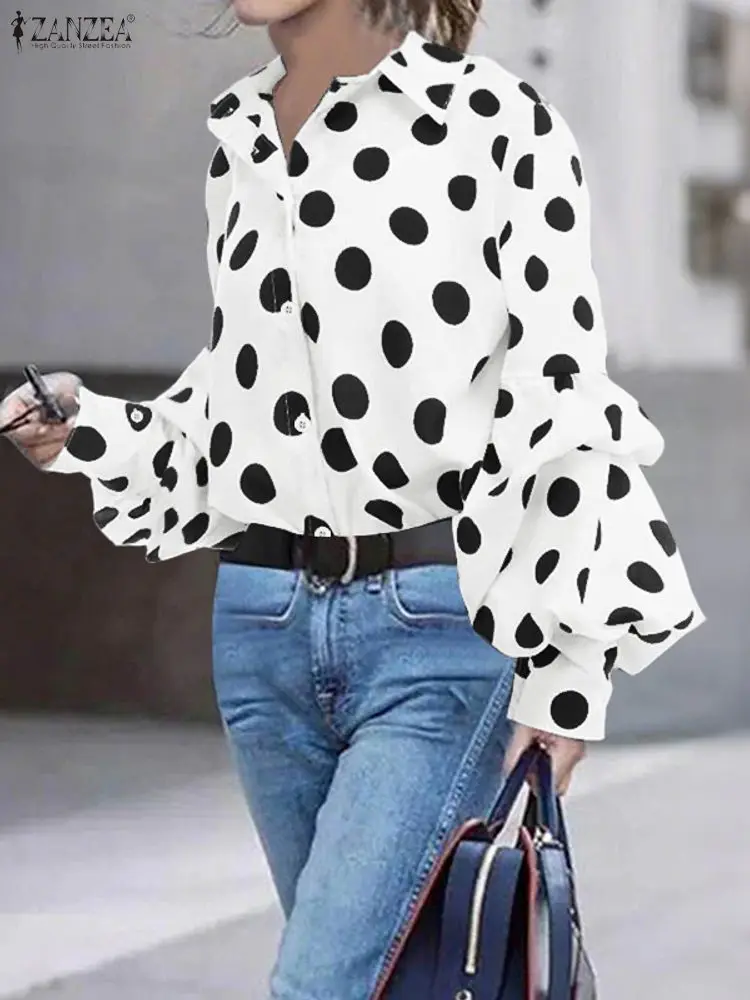 قمصان أنيقة منقطة من ZANZEA بلوزة أنيقة للخريف بأكمام طويلة وفانوس 2025 بلوزات نسائية برقبة على شكل طية صدر السترة OL بلوزات نسائية للعمل