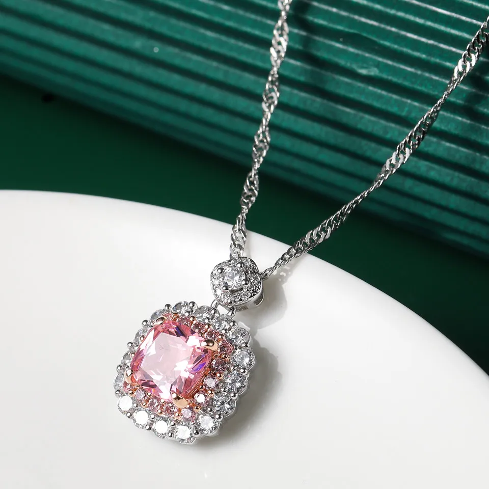 Buyee 925 Sterling Silver Classic Stone Pendant Chain 9mm Cushion Crystal & Zircon Necklace for Women Wedding Fine Jewelry Chain