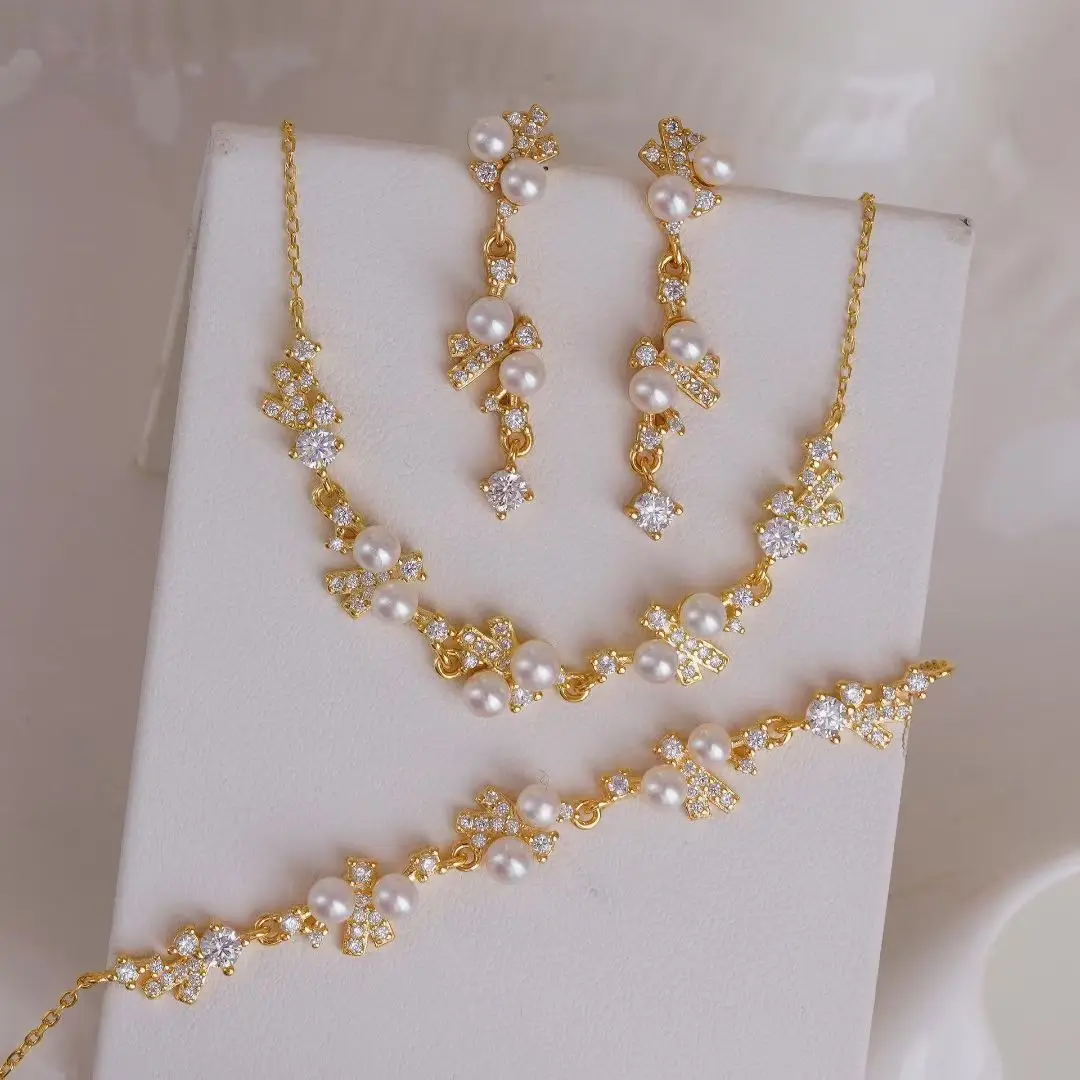 

S925 Sterling Silver Necklace Bracelet Earrings Set Base Mounts Findings Mounting Jewelry Set Parts Fittings for 3-4mm Pearls