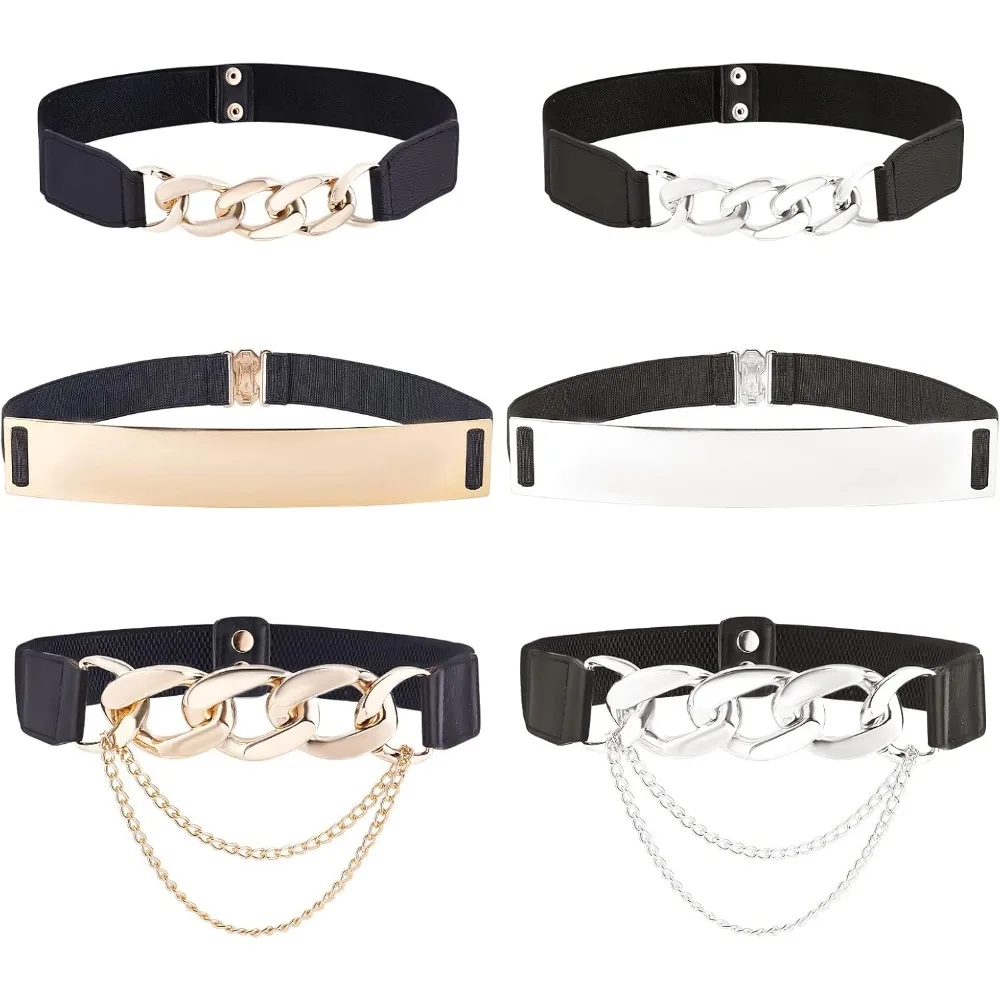 

6PCS Metal Stretch Waist Belt Black Skinny Wide Chain Belt Fashion Waist Band Stretch Waistband for Dress Skirt Sweater