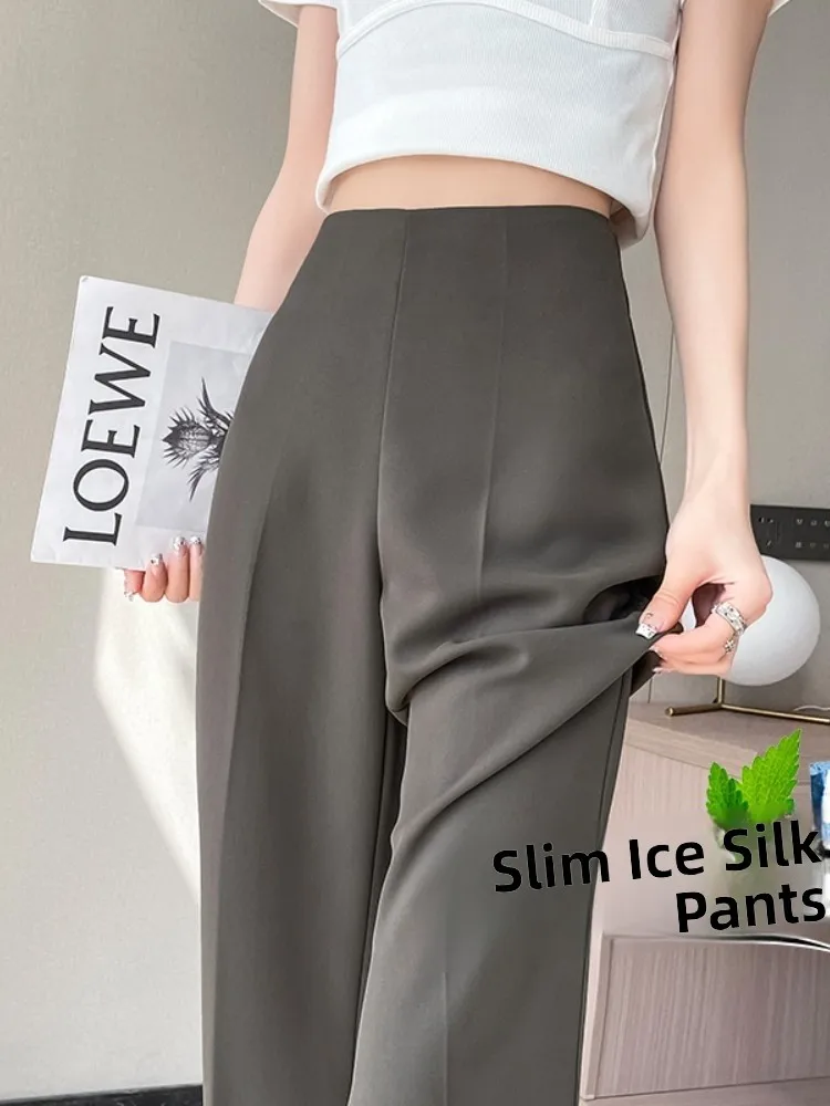 Pantaloni a gamba larga a vita alta Pantaloni estivi asimmetrici da donna Sle Pantaloni casual svasati sottili in seta ghiacciata Pantaloni lunghi