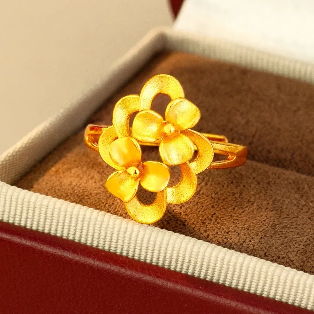 Hollowed-out three-dimensional flower ring female minority senior open ring 9999gold