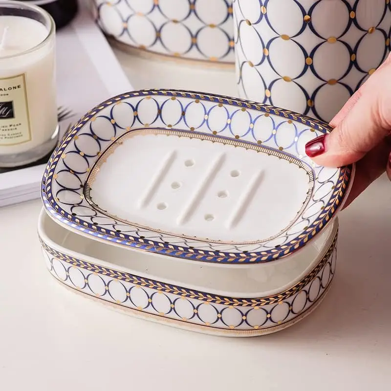 

White Ceramic Soap Dish with Elegant Patterns, Double-Layer Self Draining Tray for Bar Soap (Style B)
